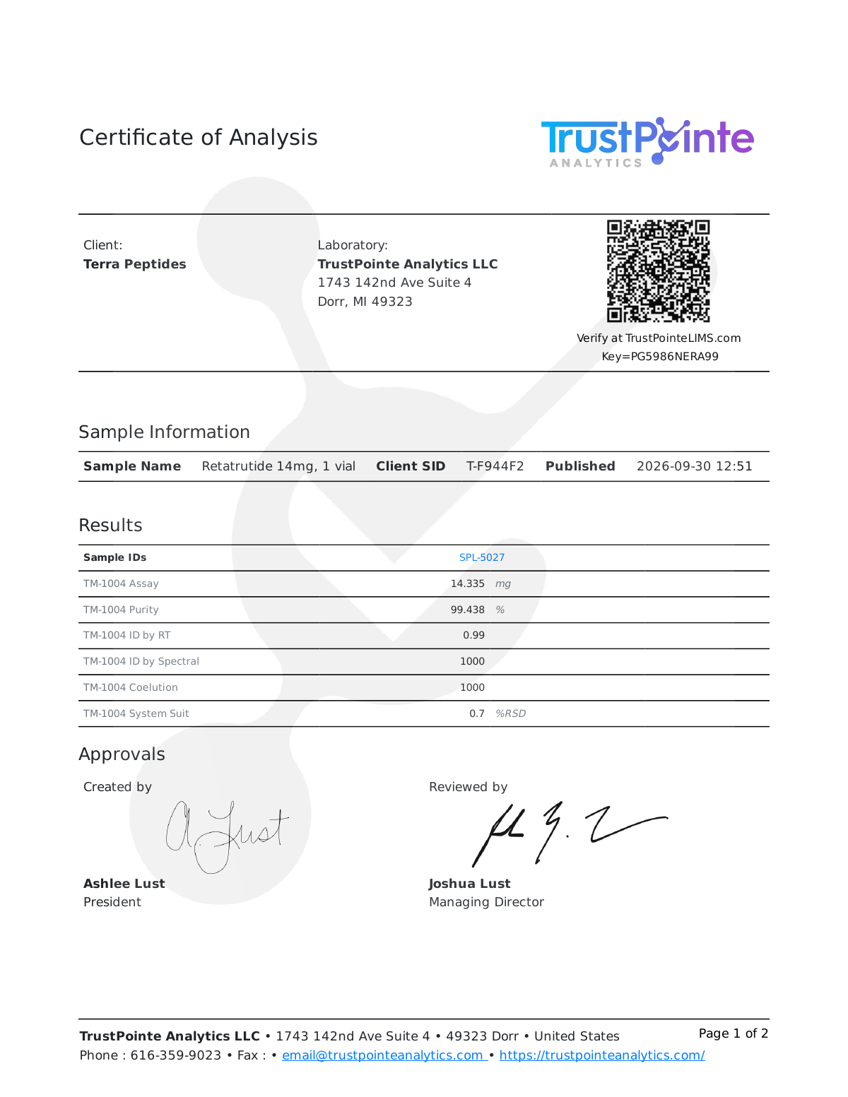 Certificate of analysis, TrustPointe Analytics, tested Sep 2026