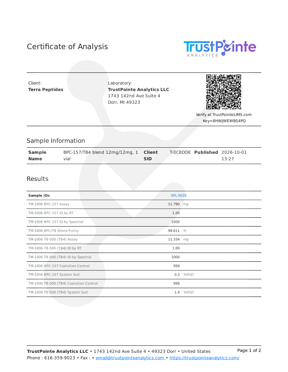 Certificate of analysis, TrustPointe Analytics, tested Sep 2026